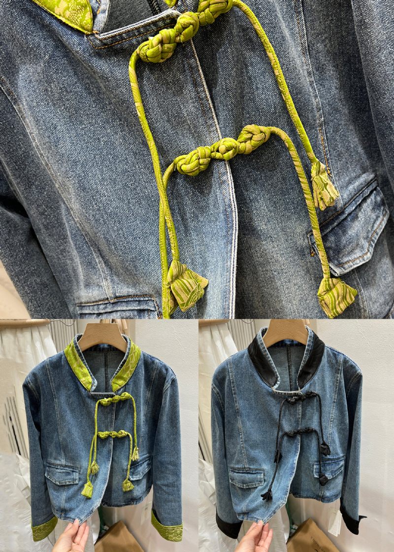 Kvinnor Grön Stativ Krage Kinesisk Knapp Denim Coat Spring - Vinterkappor för kvinnor