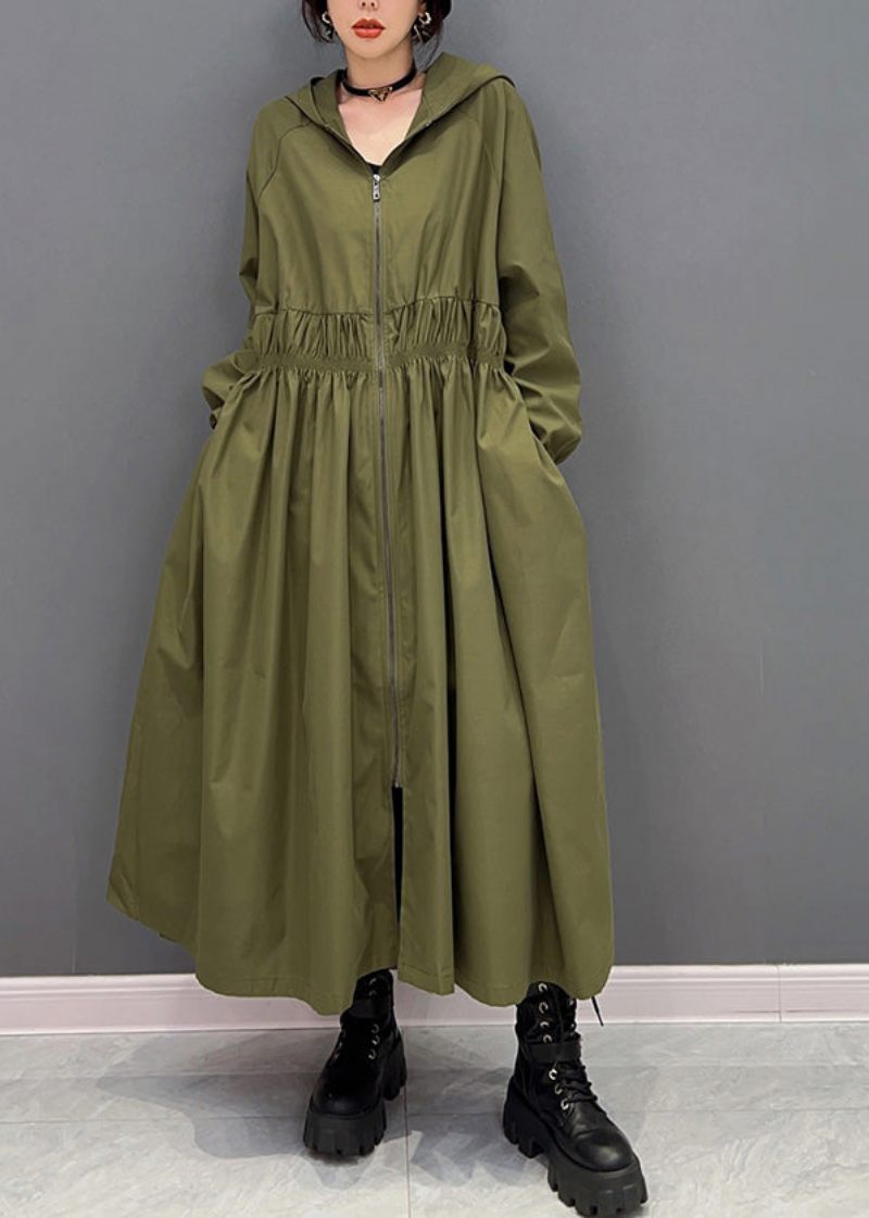 Kvinnor Gröna Dragkedjor Skrynkliga Hooded Long Trench Coats Spring