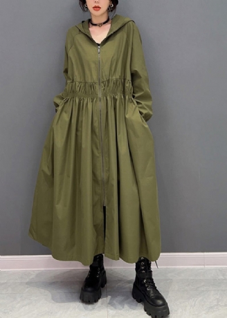 Kvinnor Gröna Dragkedjor Skrynkliga Hooded Long Trench Coats Spring