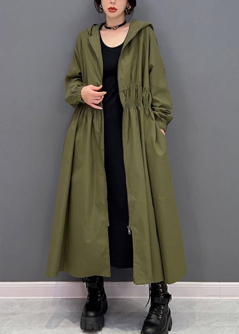 Kvinnor Gröna Dragkedjor Skrynkliga Hooded Long Trench Coats Spring - Trenchcoats för kvinnor