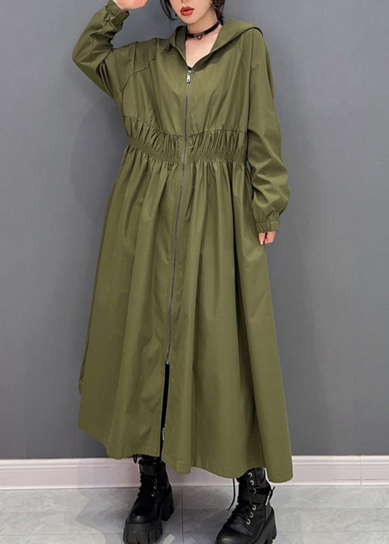 Kvinnor Gröna Dragkedjor Skrynkliga Hooded Long Trench Coats Spring - Trenchcoats för kvinnor