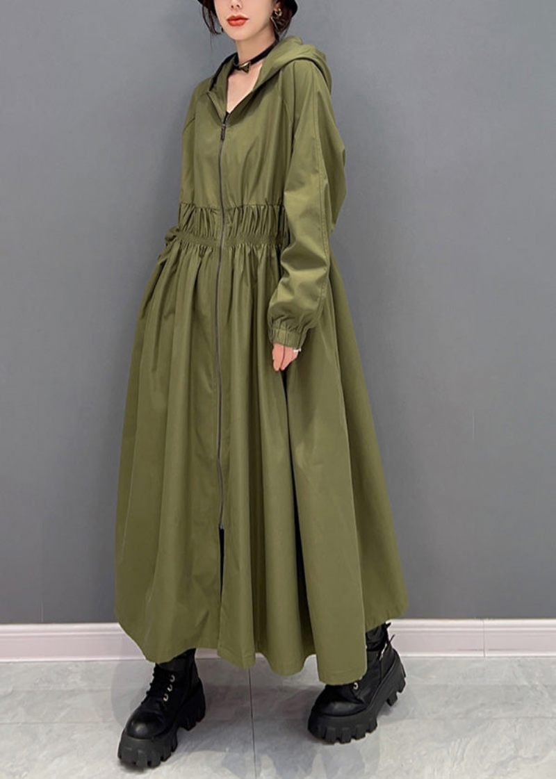 Kvinnor Gröna Dragkedjor Skrynkliga Hooded Long Trench Coats Spring - Trenchcoats för kvinnor