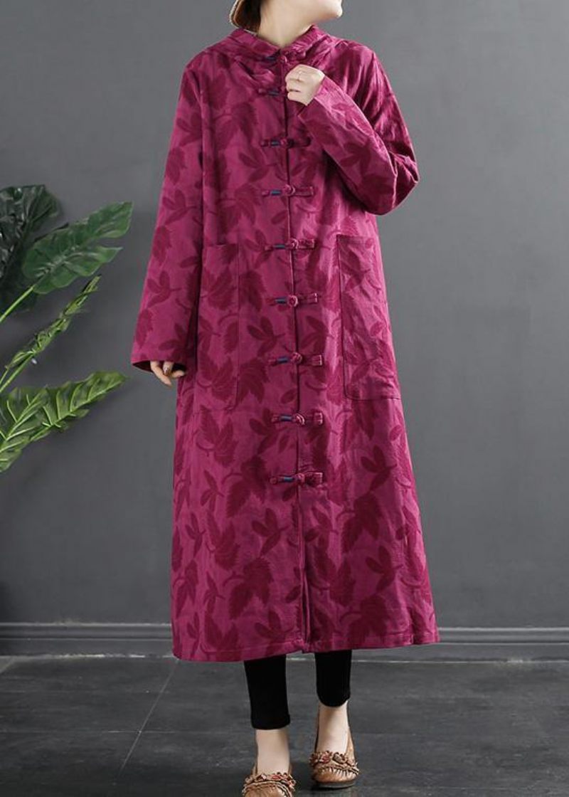 Kvinnor Hooded Chinese Button Rose Jacquard Robes Klänning