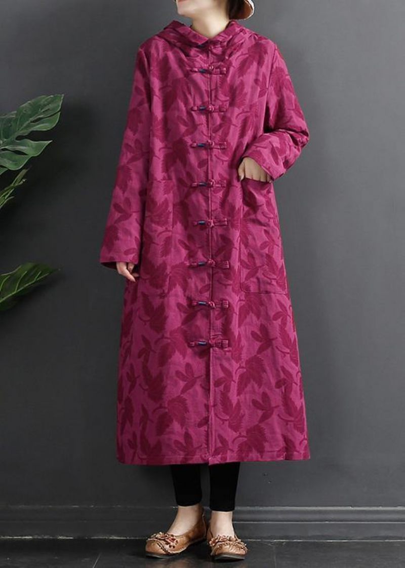 Kvinnor Hooded Chinese Button Rose Jacquard Robes Klänning - Grön