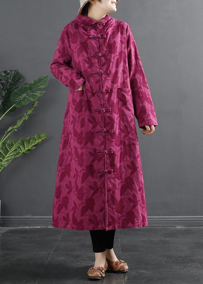 Kvinnor Hooded Chinese Button Rose Jacquard Robes Klänning - Grön