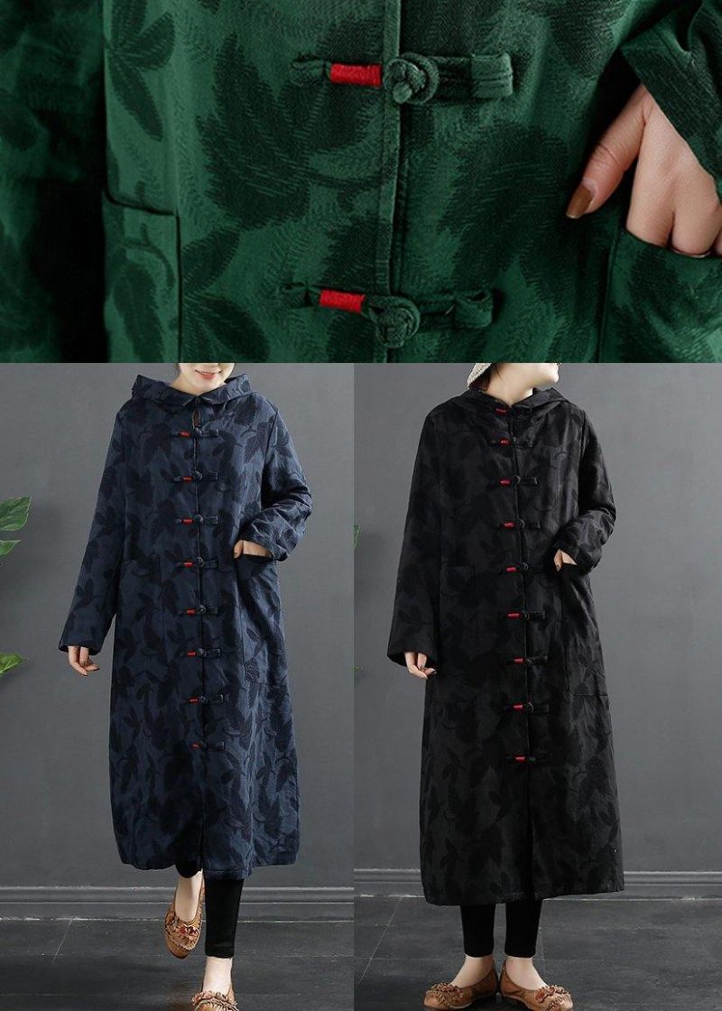 Kvinnor Hooded Chinese Button Rose Jacquard Robes Klänning - Grön