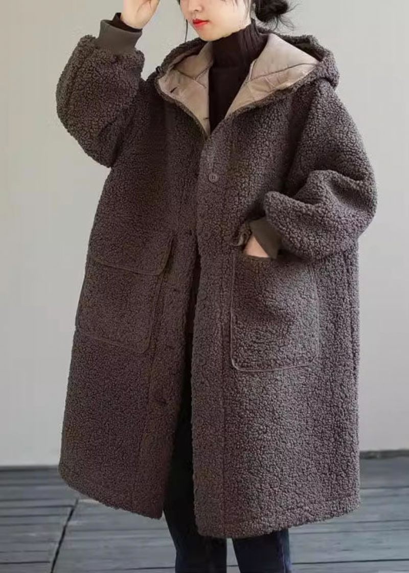 Kvinnor Kaffe Hooded Button Faux Fur Winter Coat - Dunjackor för kvinnor