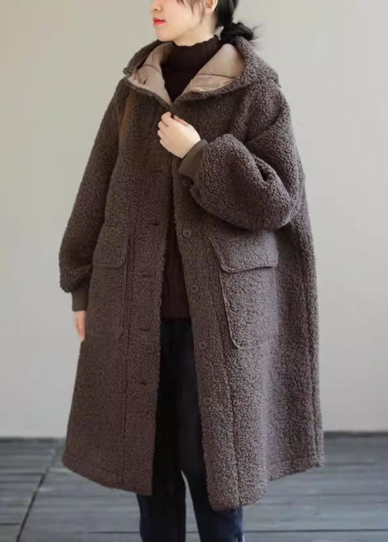 Kvinnor Kaffe Hooded Button Faux Fur Winter Coat - Dunjackor för kvinnor