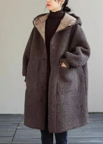 Kvinnor Kaffe Hooded Button Faux Fur Winter Coat