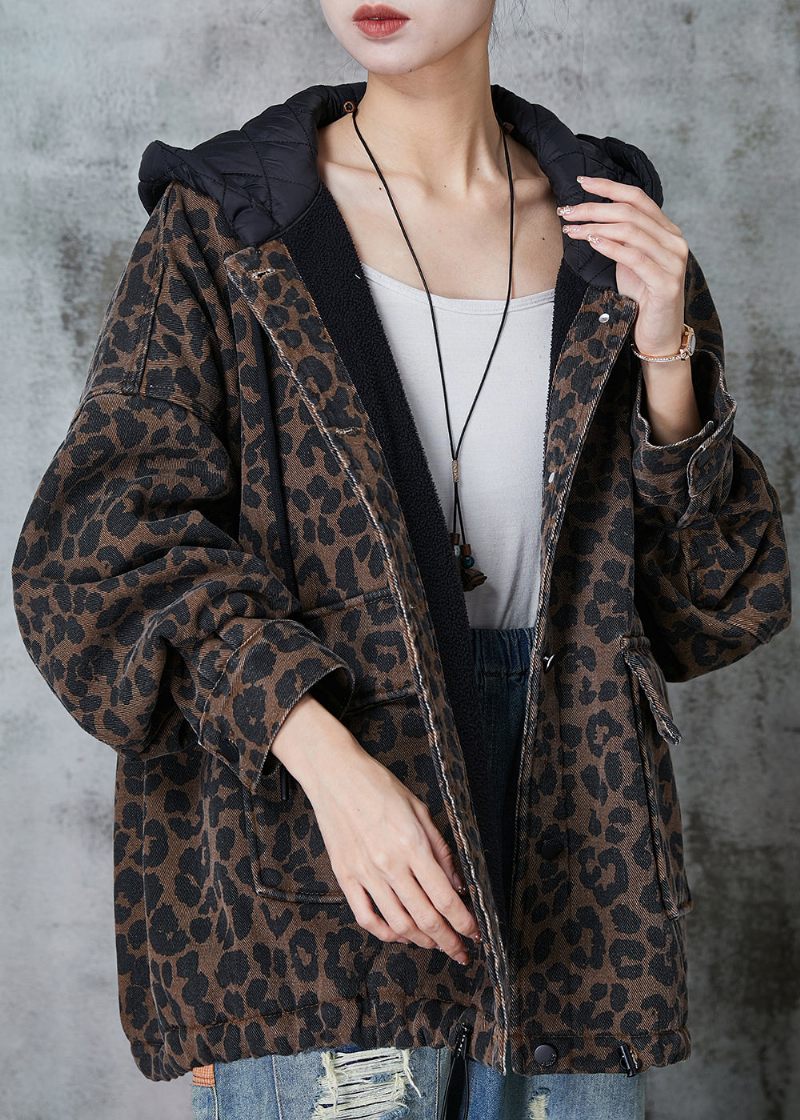 Kvinnor Kaffe Hooded Leopard Print Varm Fleece Coat Spring