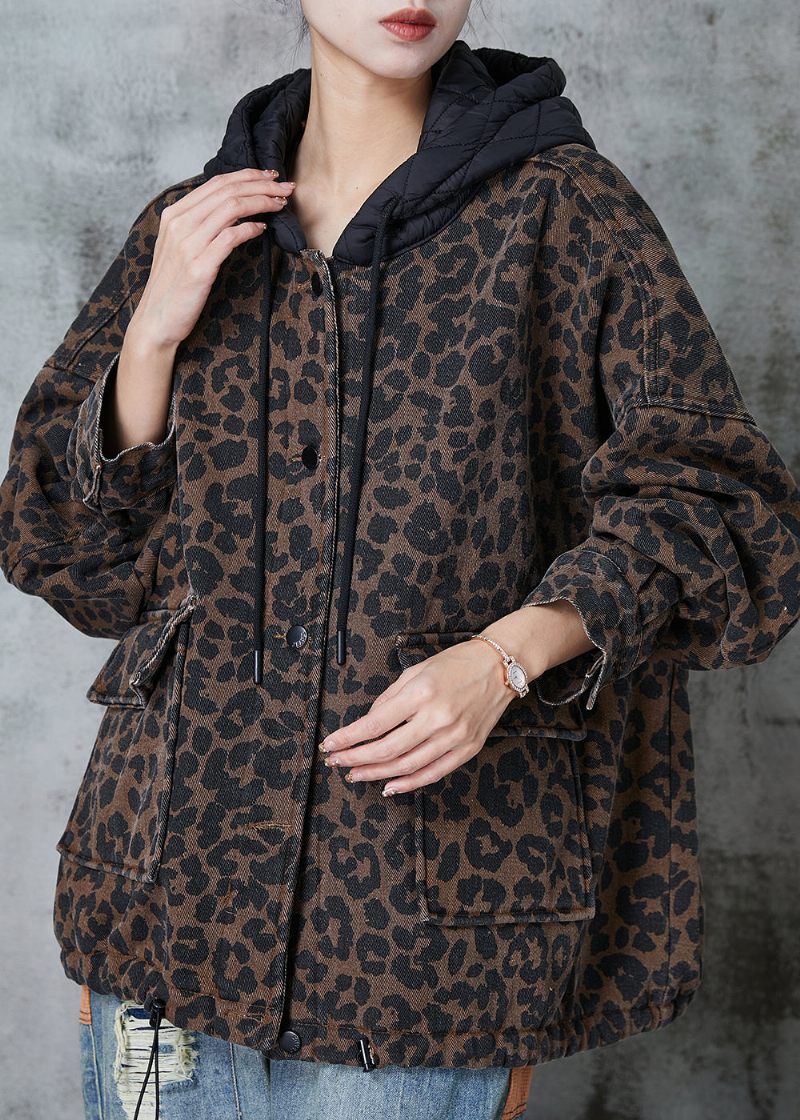 Kvinnor Kaffe Hooded Leopard Print Varm Fleece Coat Spring - Vinterkappor för kvinnor