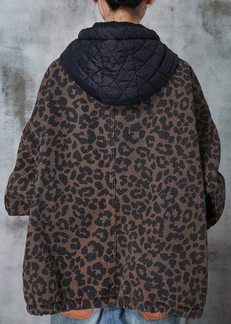 Kvinnor Kaffe Hooded Leopard Print Varm Fleece Coat Spring - Vinterkappor för kvinnor