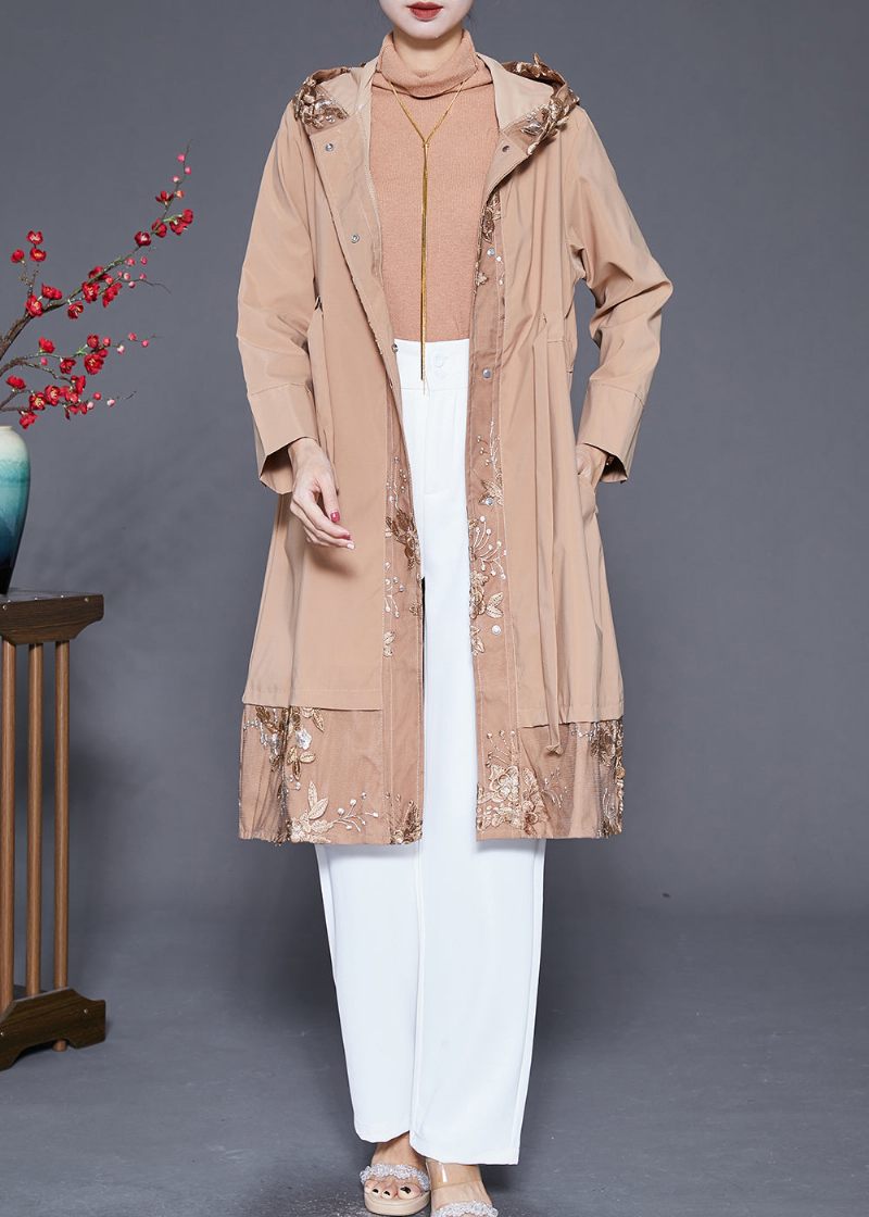 Kvinnor Kaki Broderad Patchwork Cinched Spandex Trench Fall