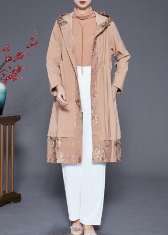 Kvinnor Kaki Broderad Patchwork Cinched Spandex Trench Fall