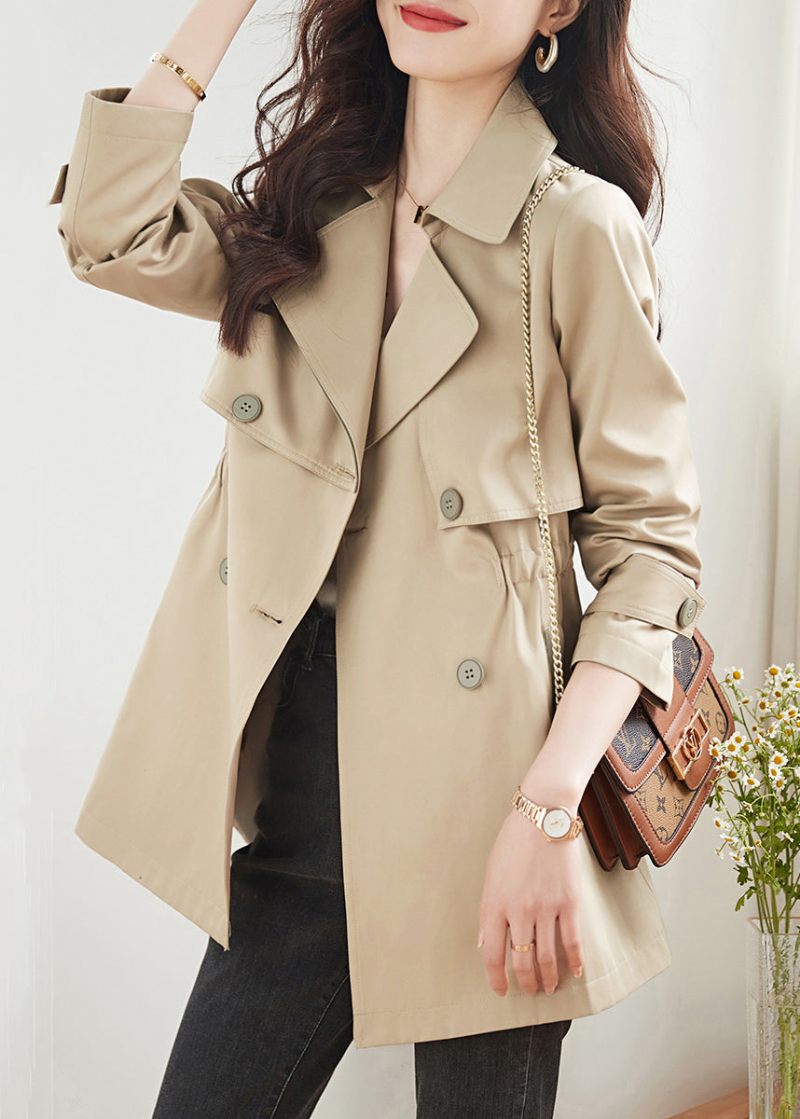 Kvinnor Khaki Dubbla Bröstfickor Patchwork Bomull Trench Coats Höst