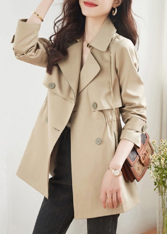 Kvinnor Khaki Dubbla Bröstfickor Patchwork Bomull Trench Coats Höst