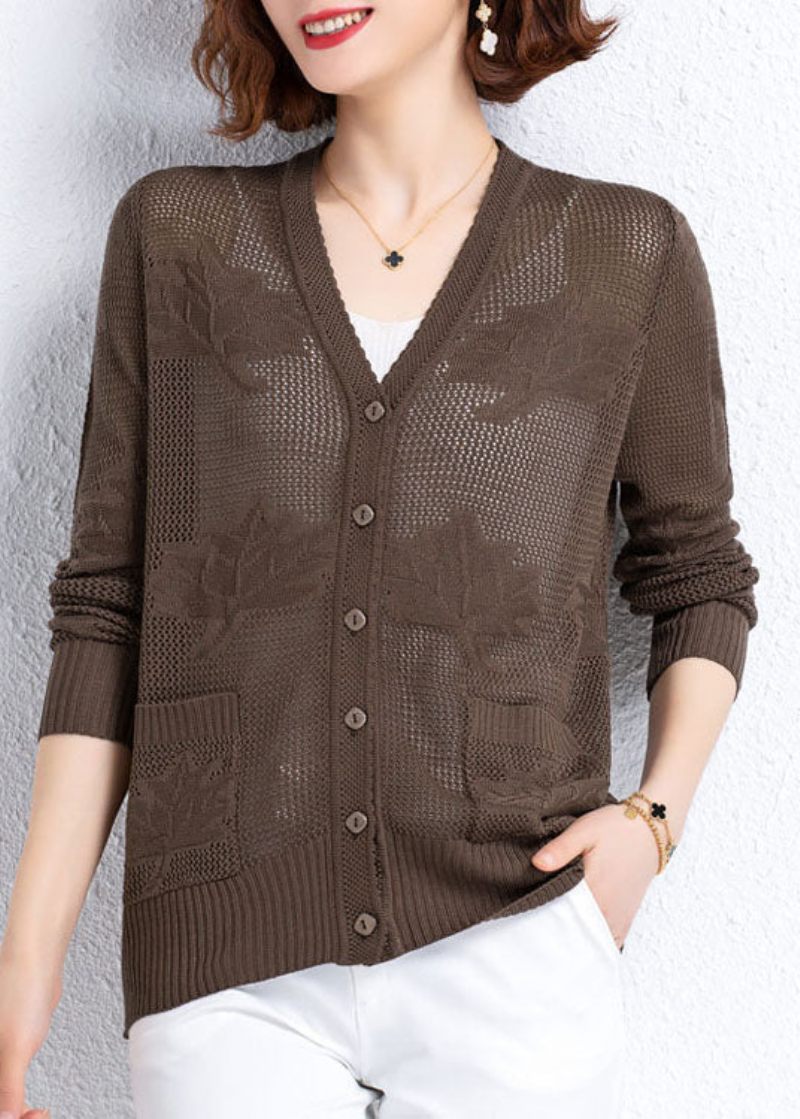 Kvinnor Khaki Hollow Out Broderat Patchwork Tunn Stickad Cardigan Fall