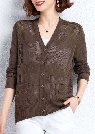 Kvinnor Khaki Hollow Out Broderat Patchwork Tunn Stickad Cardigan Fall