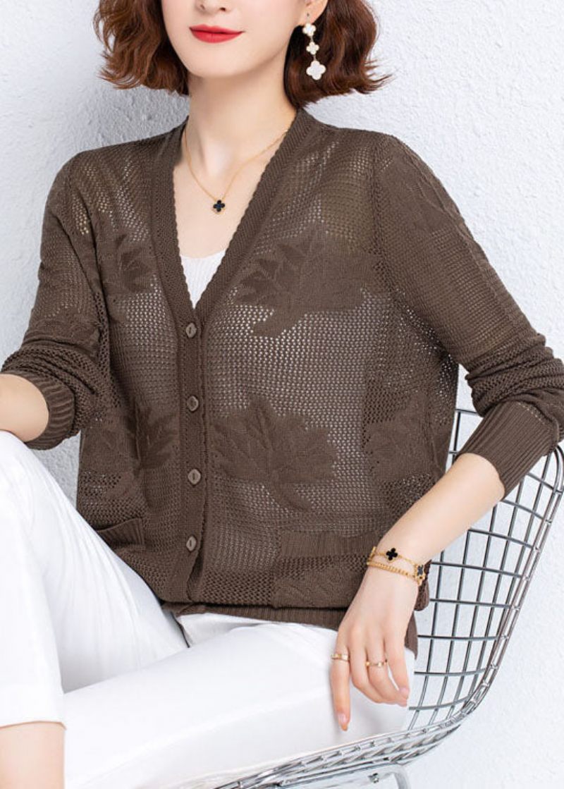 Kvinnor Khaki Hollow Out Broderat Patchwork Tunn Stickad Cardigan Fall - Koftor för kvinnor