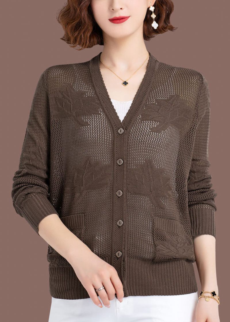 Kvinnor Khaki Hollow Out Broderat Patchwork Tunn Stickad Cardigan Fall - Koftor för kvinnor