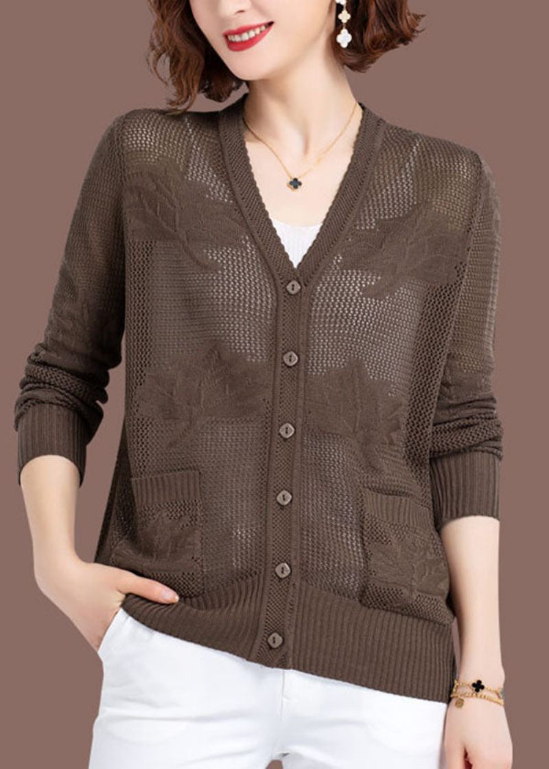 Kvinnor Khaki Hollow Out Broderat Patchwork Tunn Stickad Cardigan Fall - Koftor för kvinnor