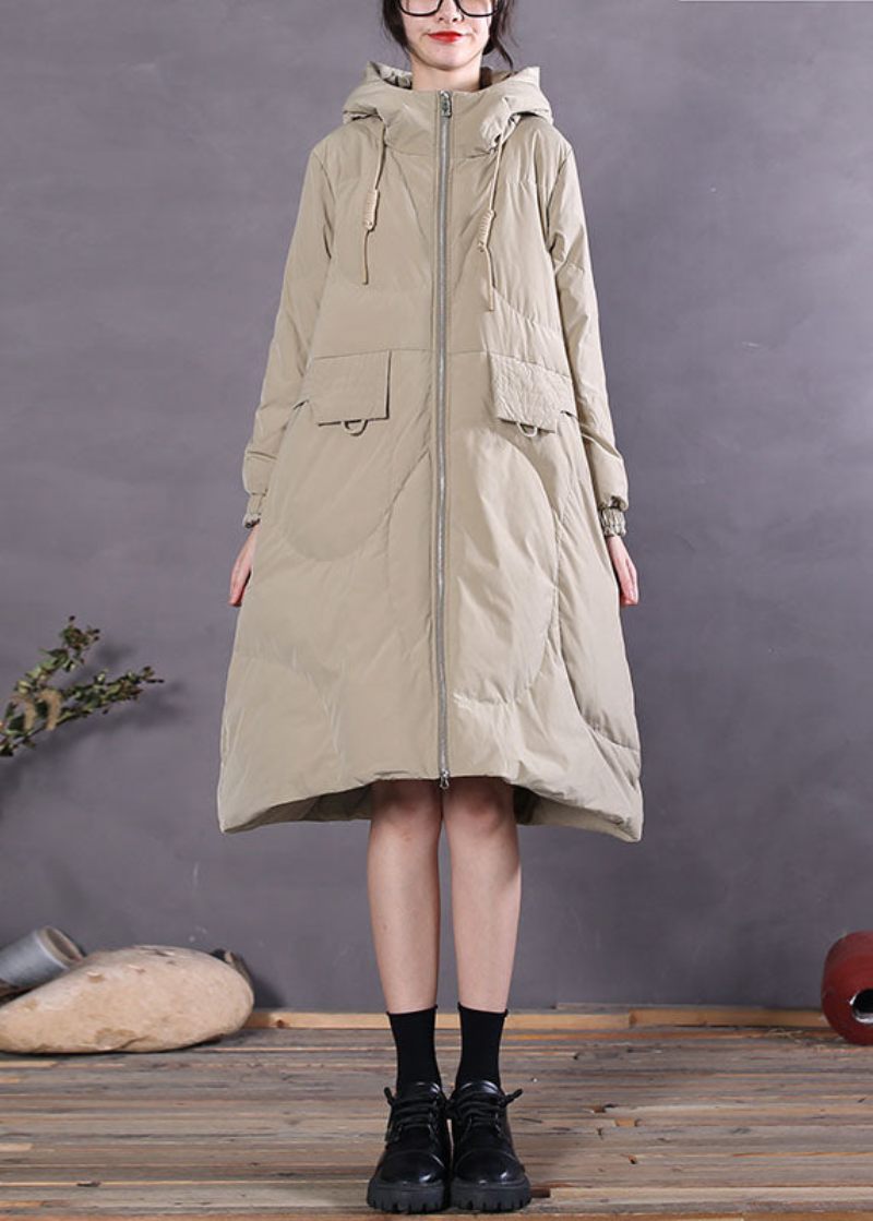 Kvinnor Khaki Hooded Dragsko Duck Down Vinterdunkappa