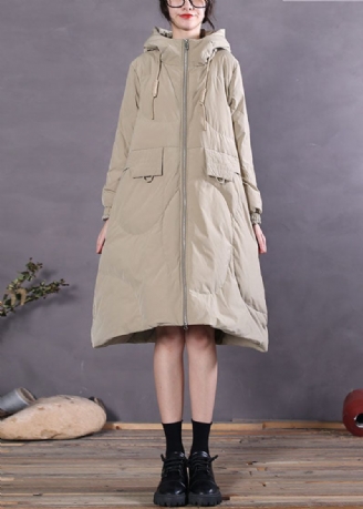 Kvinnor Khaki Hooded Dragsko Duck Down Vinterdunkappa