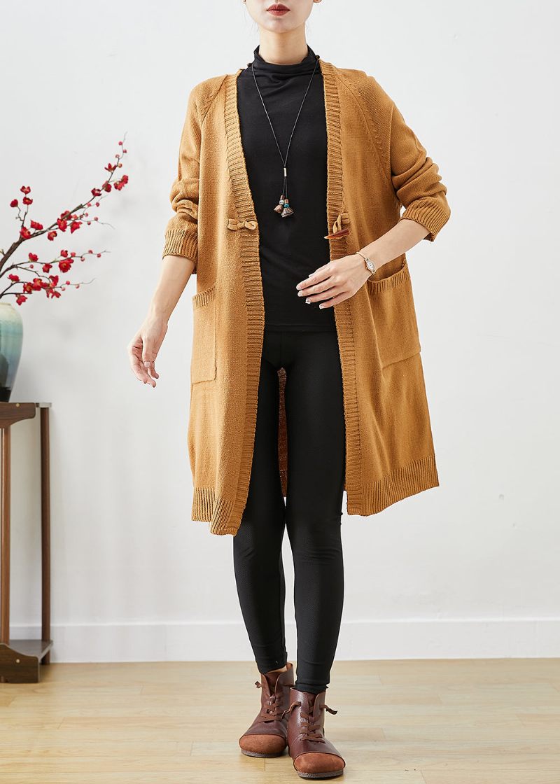 Kvinnor Khaki Oversized Fickor Stickad Cardigan Fall - Koftor för kvinnor