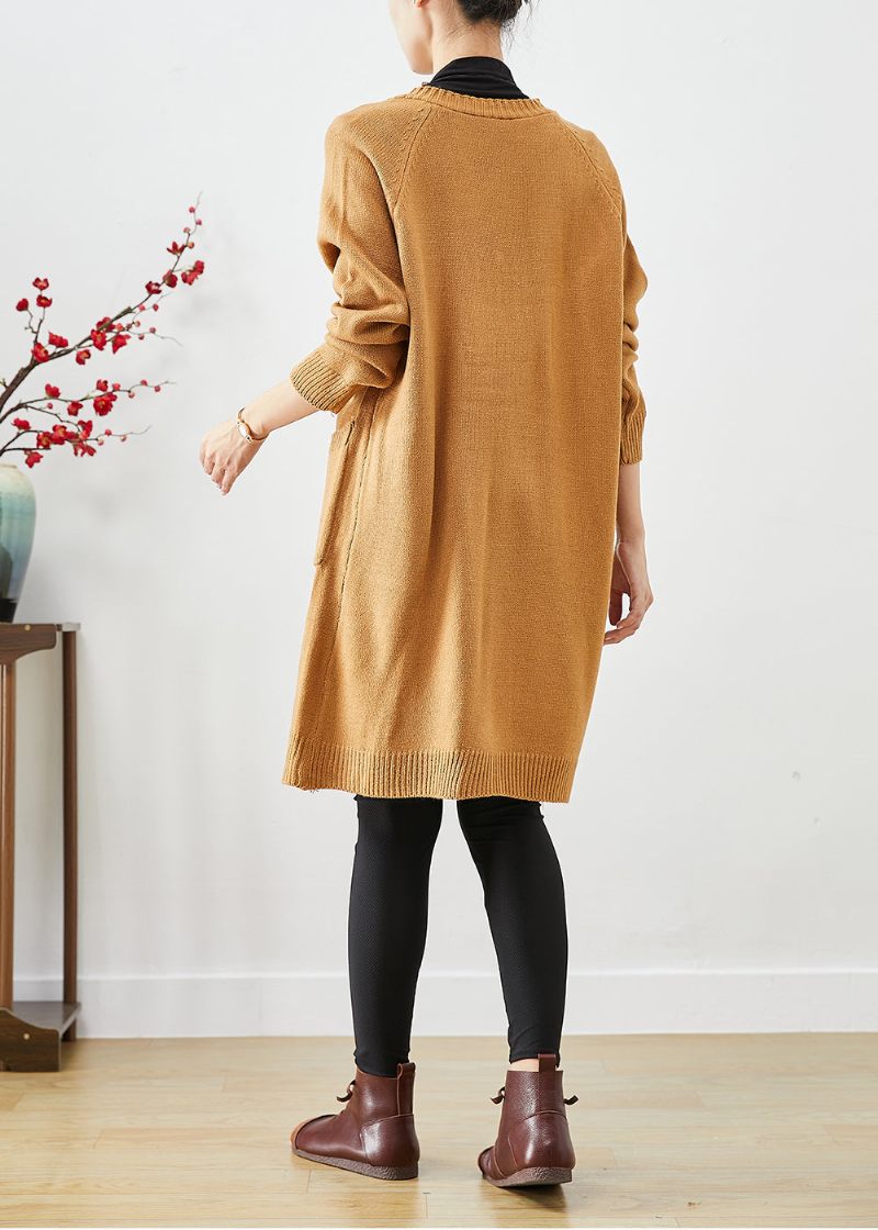 Kvinnor Khaki Oversized Fickor Stickad Cardigan Fall - Koftor för kvinnor