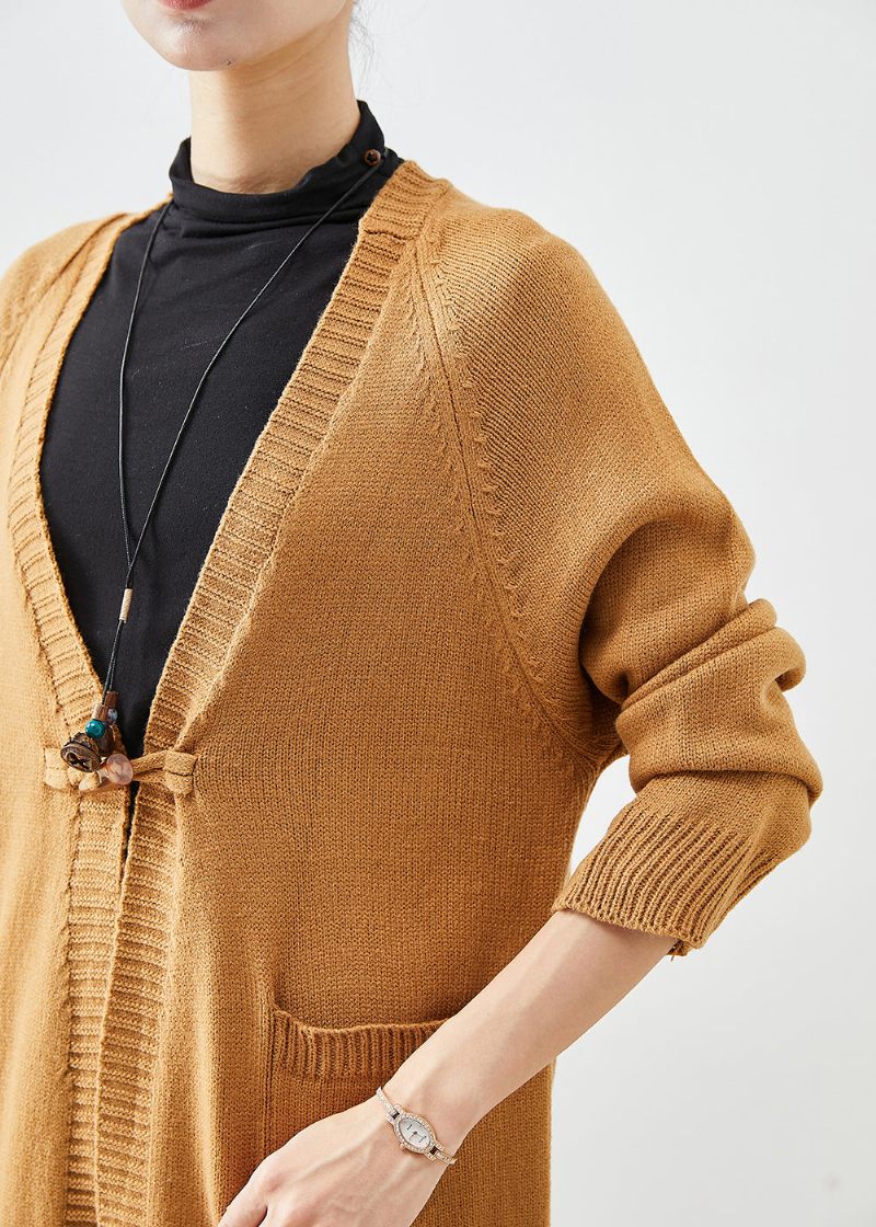 Kvinnor Khaki Oversized Fickor Stickad Cardigan Fall - Koftor för kvinnor