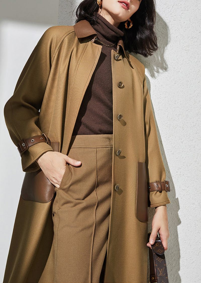 Kvinnor Khaki Peter Pan Krage Fickor Patchwork Button Ull Trench Coat Spring - Ullrockar för kvinnor