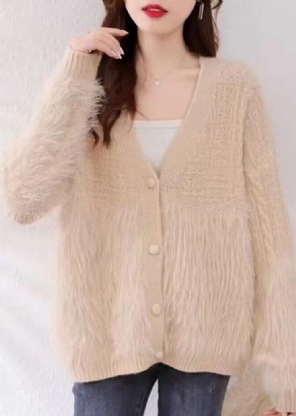 Kvinnor Khaki V Neck Patchwork Mink Hår Stickad Cardigan Fall