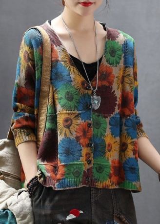 Kvinnor Khaki V Neck Print Stickad Cardigan Spring