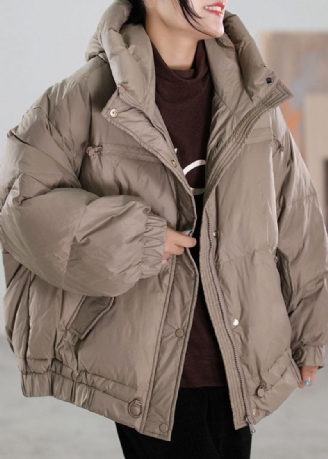 Kvinnor Khaki Zip Up Dragsko Duck Down Puffer Jacka Vinter