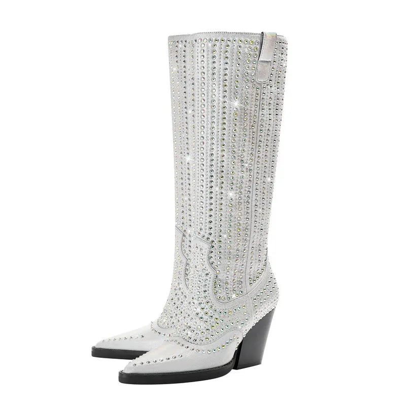 Kvinnor Knähöga Stövlar Kilar Högklackade Västerländska Slip On Autumn Winter Boots Woman - Silver