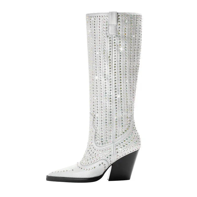 Kvinnor Knähöga Stövlar Kilar Högklackade Västerländska Slip On Autumn Winter Boots Woman - Silver