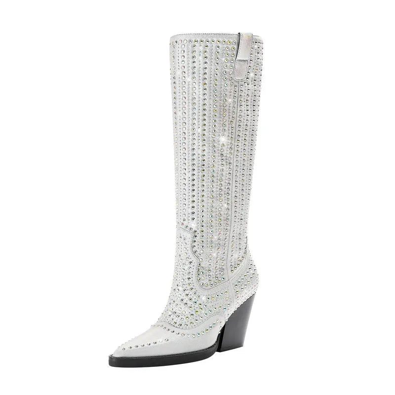 Kvinnor Knähöga Stövlar Kilar Högklackade Västerländska Slip On Autumn Winter Boots Woman - Silver