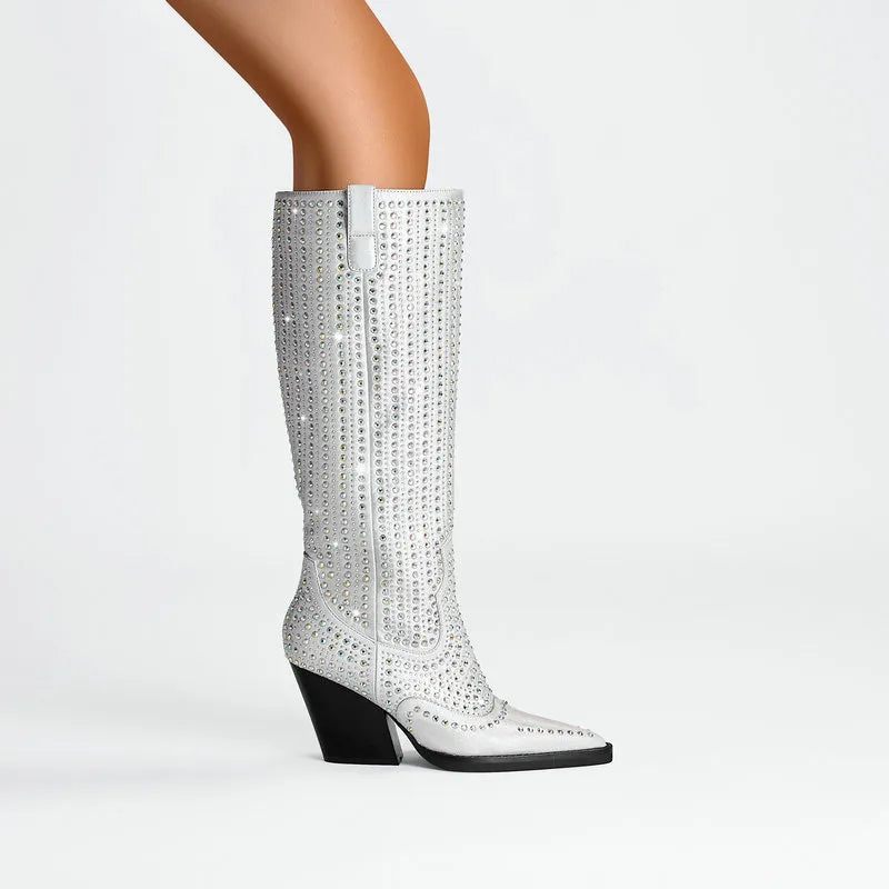 Kvinnor Knähöga Stövlar Kilar Högklackade Västerländska Slip On Autumn Winter Boots Woman - Silver