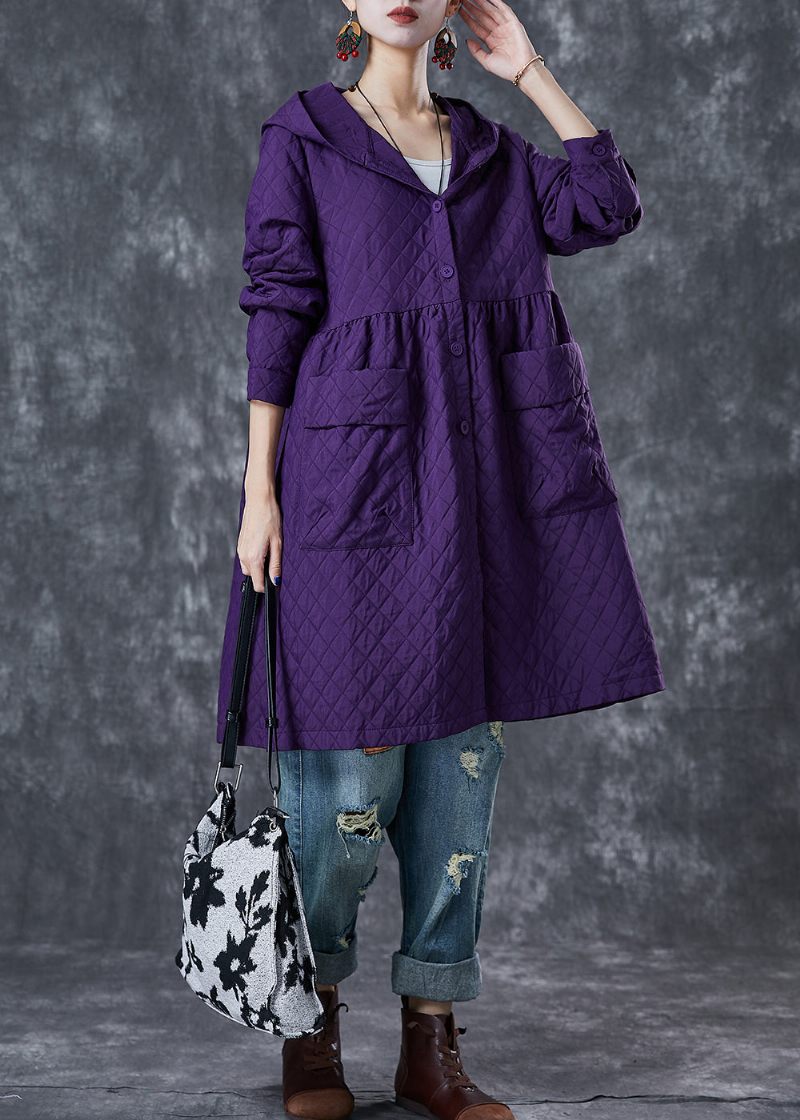 Kvinnor Lila Hooded Fickor Bomull Tench Coats Fall