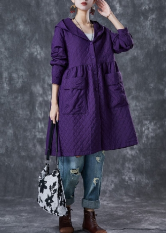 Kvinnor Lila Hooded Fickor Bomull Tench Coats Fall