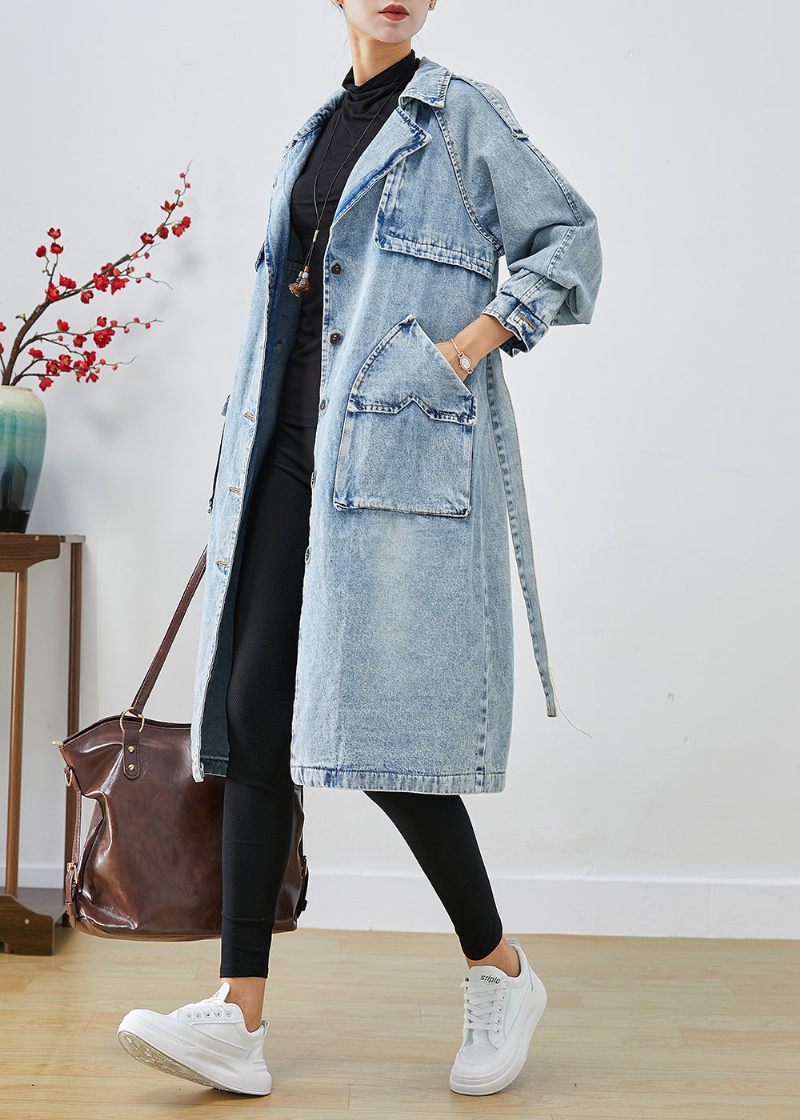 Kvinnor Ljusblå Lapel Patchwork Denim Trench Coats Hösten