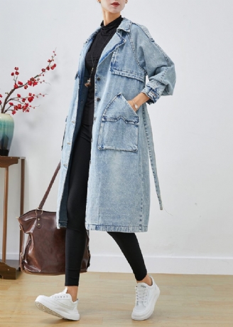 Kvinnor Ljusblå Lapel Patchwork Denim Trench Coats Hösten