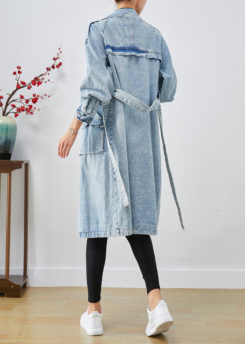 Kvinnor Ljusblå Lapel Patchwork Denim Trench Coats Hösten - Trenchcoats för kvinnor