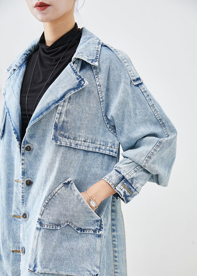 Kvinnor Ljusblå Lapel Patchwork Denim Trench Coats Hösten - Trenchcoats för kvinnor