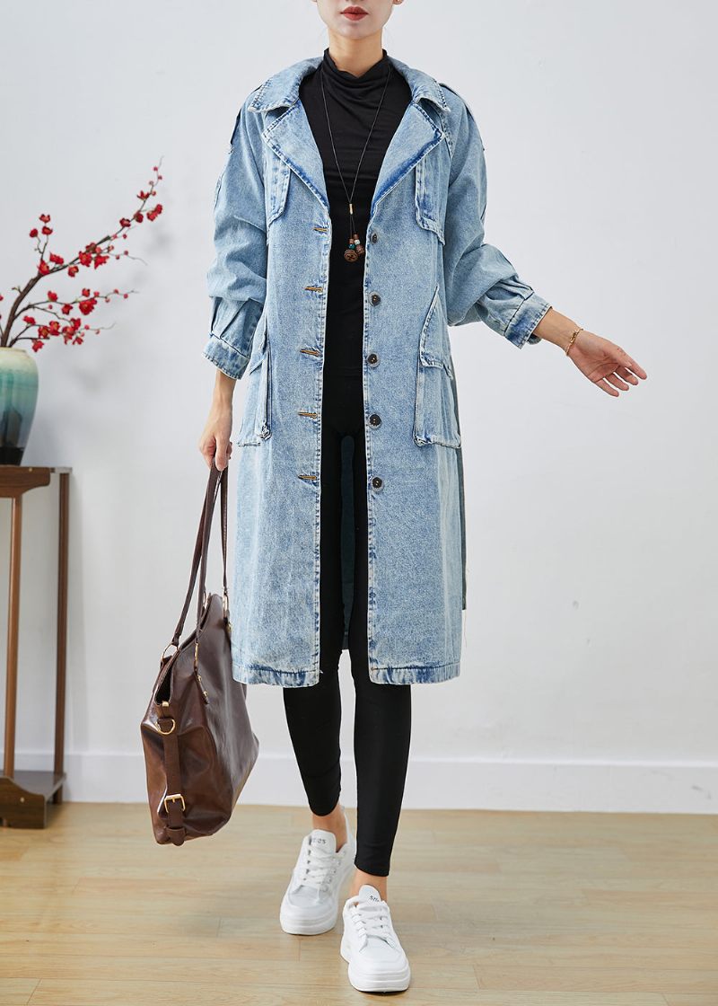 Kvinnor Ljusblå Lapel Patchwork Denim Trench Coats Hösten - Trenchcoats för kvinnor