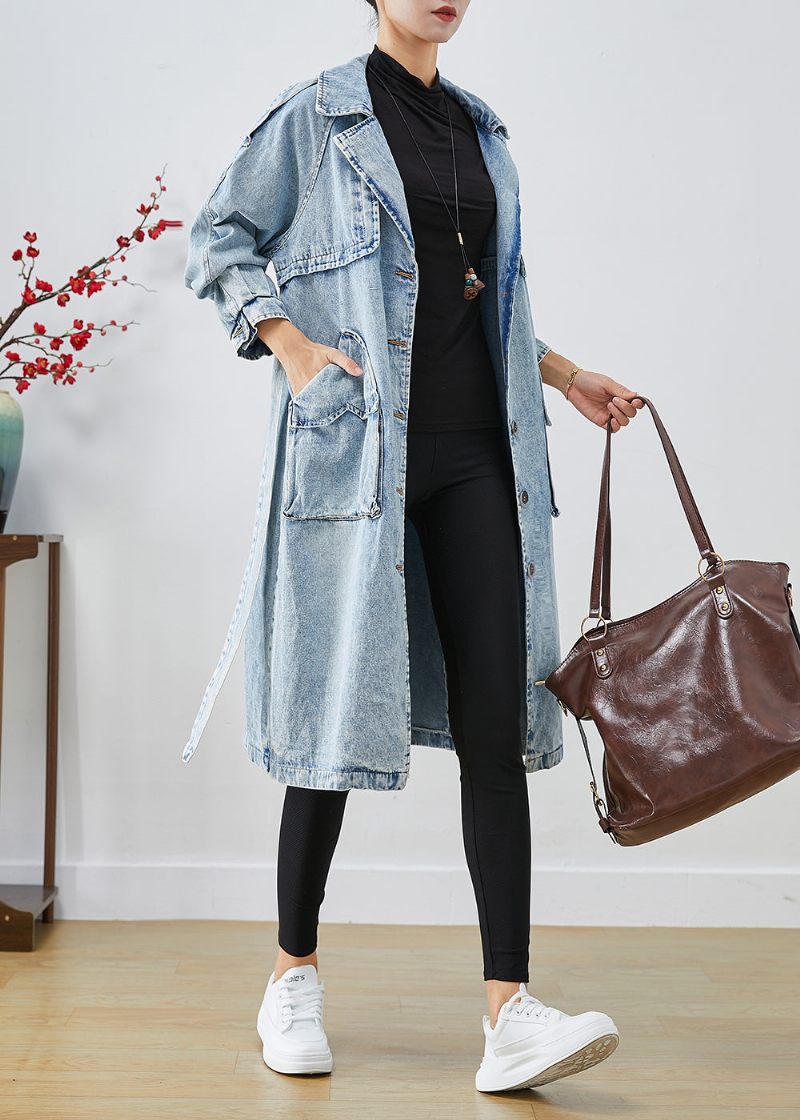 Kvinnor Ljusblå Lapel Patchwork Denim Trench Coats Hösten - Trenchcoats för kvinnor