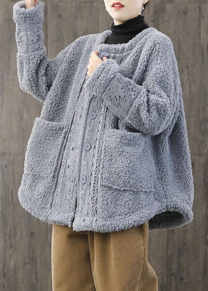 Kvinnor Ljusblå O-neck Oversized Spets Patchwork Teddy Fuskpälsrockar Vinter