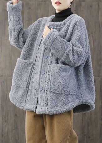 Kvinnor Ljusblå O-neck Oversized Spets Patchwork Teddy Fuskpälsrockar Vinter