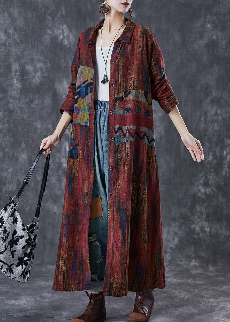 Kvinnor Matt Röd Oversized Print Linne Trench Spring