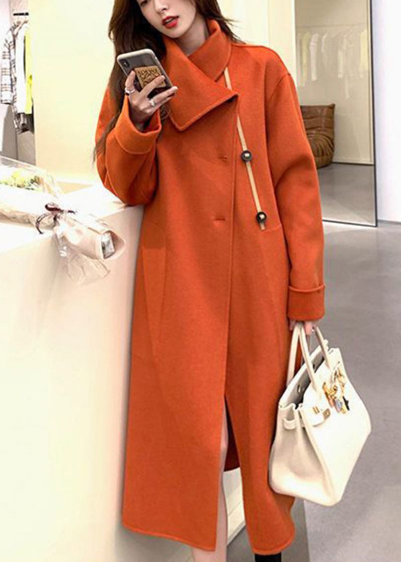 Kvinnor Orange Asymmetrisk Tie Midja Woolen Trench Fall - Ullrockar för kvinnor